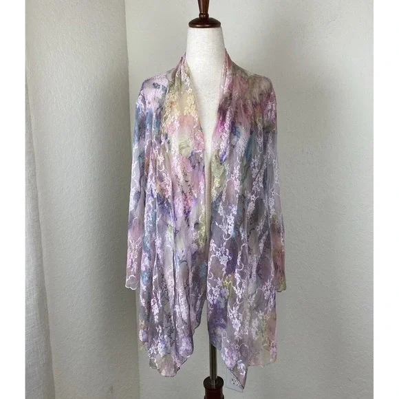 Frazzle XL Sheer Lace Cardigan Rainbow Pastel Colorful Coastal Fairy Drape Front - Picture 1 of 6